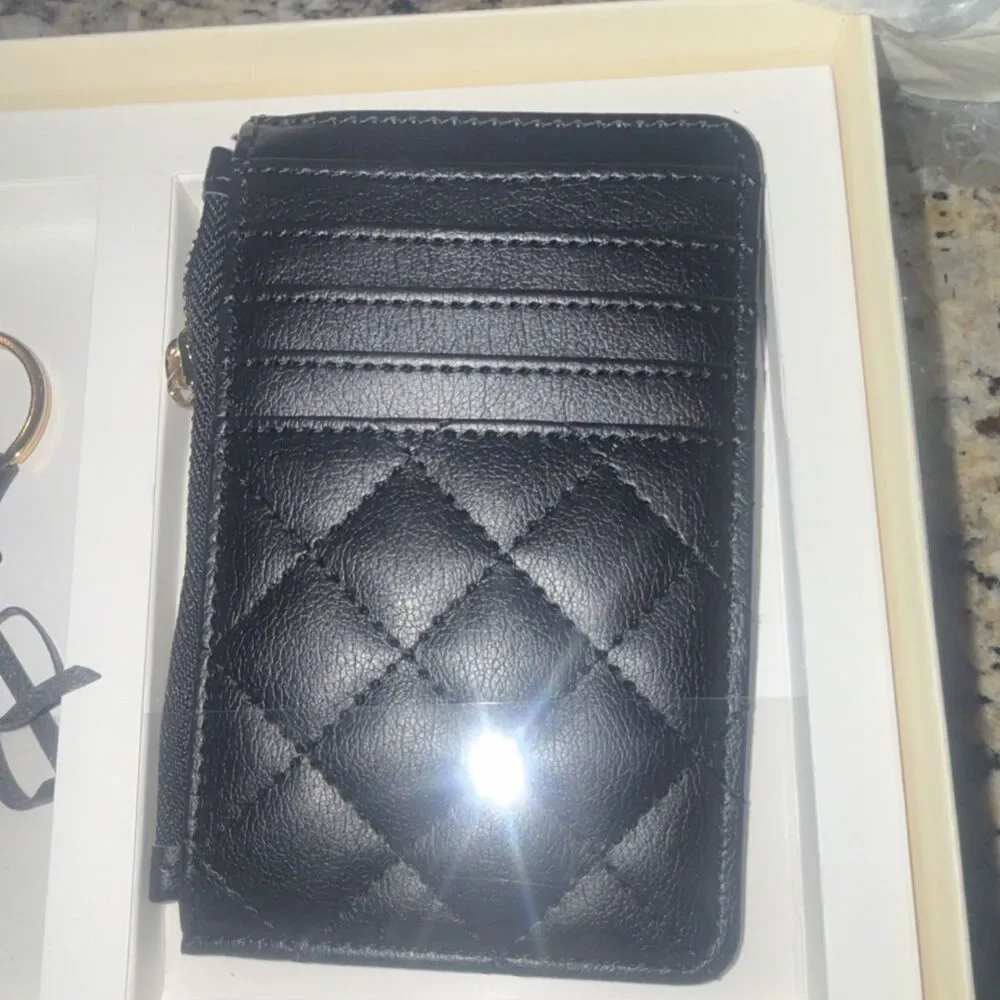 Women's Gold Tone Dress Watch, Black Leather Band, Keychain & Card Wallet Set